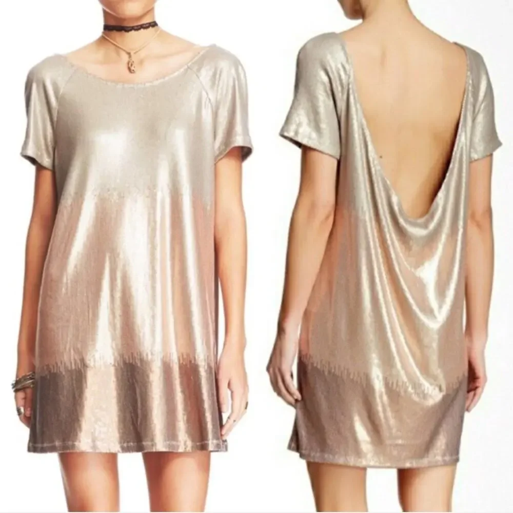 Free People Drenched Sequins Ombre Shift Mini Dress Large Open Back Boho Chic